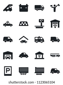 Set of vector isolated black icon - dispatcher vector, taxi, airport bus, parking, alarm car, ladder, ambulance, truck trailer, delivery, heavy scales, garage, gate control, battery