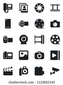 Set of vector isolated black icon - camera vector, clapboard, film frame, reel, video, phone back, mobile, gallery, photo, web, intercome, surveillance