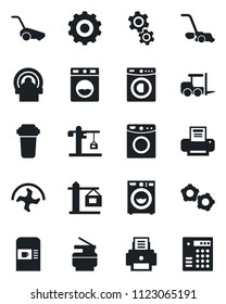 Set of vector isolated black icon - coffee machine vector, fork loader, gear, ripper, lawn mower, tomography, printer, copier, washer, crane, water filter, combination lock
