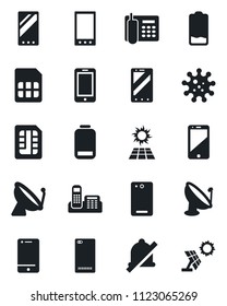 Set of vector isolated black icon - satellite antenna vector, mobile phone, virus, cell, low battery, back, sim, mute, office, sun panel