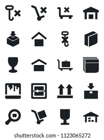 Set of vector isolated black icon - baggage trolley vector, fragile, cargo, warehouse storage, up side sign, no, hook, package, search, scanner, blank box