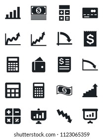 Set of vector isolated black icon - credit card vector, growth statistic, calculator, crisis graph, receipt, bar, wallet, cash, presentation
