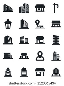 Set of vector isolated black icon - shop vector, office building, garden light, navigation, store, city house, cafe, storefront