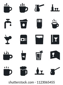 Set of vector isolated black icon - hot cup vector, coffee machine, water supply, alcohol, wine card, drink, cocktail, phyto bar, beer, turkish