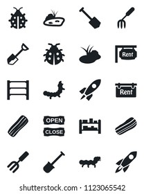 Set of vector isolated black icon - job vector, garden fork, shovel, lady bug, caterpillar, pond, rack, rent, bacon, open close, rocket
