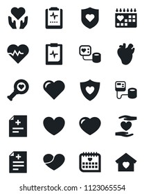 Set of vector isolated black icon - heart vector, pulse, diagnosis, blood pressure, diagnostic, shield, hand, real, medical calendar, clipboard, sweet home