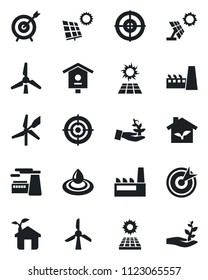 Set of vector isolated black icon - factory vector, bird house, target, sun panel, windmill, eco, water, palm sproute