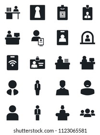 Set of vector isolated black icon - female vector, reception, manager, identity card, place, patient, user, desk, estate agent, pass, group