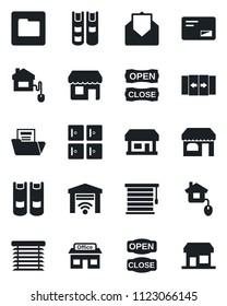 Set of vector isolated black icon - automatic door vector, shop, checkroom, book, store, mail, folder, document, open close, home control, jalousie, garage gate, storefront