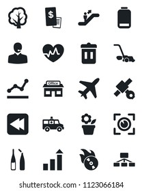 Set of vector isolated black icon - plane vector, escalator, growth statistic, flower in pot, tree, lawn mower, heart pulse, ampoule, ambulance car, store, satellite, flame disk, low battery, rewind