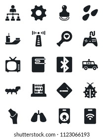 Set of vector isolated black icon - antenna vector, smoking place, hierarchy, abacus, lady bug, seeds, caterpillar, heart diagnostic, ambulance car, lungs, joint, sea shipping, tv, gamepad, speaker