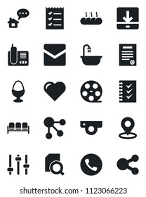 Set of vector isolated black icon - phone vector, waiting area, heart, reel, radio, tuning, mail, download, place tag, document search, checklist, contract, bathroom, egg stand, bread, web camera