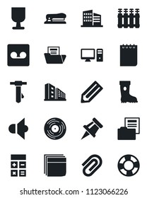 Set of vector isolated black icon - calculator vector, notepad, tie, pencil, boot, fragile, vinyl, speaker, record, drawing pin, paper clip, document folder, blank box, stapler, office building, pc