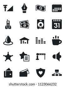 Set of vector isolated black icon - barrier vector, coffee, water drop, heart shield, cash, office phone, term, speaker, equalizer, favorites list, calendar, cellular signal, ink pen, warehouse