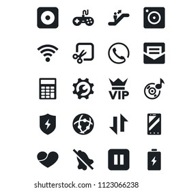 Set of vector isolated black icon - escalator vector, vip, mobile phone, gamepad, heart, pause button, rec, camera, protect, mail, network, data exchange, wireless, mute, cut, music, root setup