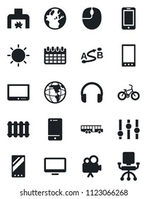 Set of vector isolated black icon - airport bus vector, mobile phone, mouse, calendar, sun, bike, route, settings, tv, video camera, cell, headphones, monitor, fireplace, radiator, earth