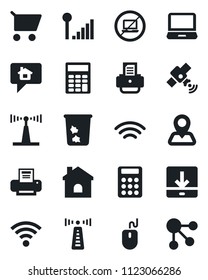 Set of vector isolated black icon - antenna vector, no laptop, trash bin, mouse, printer, house, navigation, satellite, pc, download, wireless, cellular signal, calculator, home message, cart