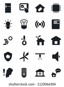 Set of vector isolated black icon - smart home vector, chip, eco house, remote control, water heater, wireless, app, smoke detector, thermometer, bulb, sound, garage gate, protect, fridge, sun panel