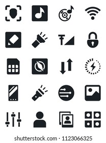 Set of vector isolated black icon - mobile vector, gallery, tuning, user, sim, network, notes, data exchange, wireless, torch, compass, lock, face id, music, photo, cellular signal, charge