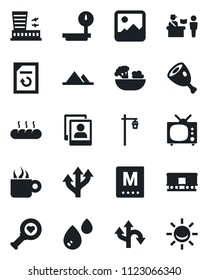 Set of vector isolated black icon - passport control vector, airport building, document reload, garden light, heart diagnostic, route, heavy scales, railroad, gallery, photo, mountains, tv, menu