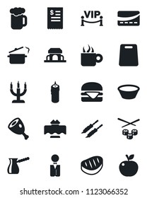 Set of vector isolated black icon - waiter vector, restaurant table, coffee, beer, cafe building, candle, vip zone, credit card, receipt, steak, kebab, ham, hamburger, bowl, cutting board, turkish