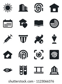 Set of vector isolated black icon - sun vector, radar, book, pennant, syringe, eye, satellite, film frame, id, fingerprint, sweet home, smart, calendar, office building