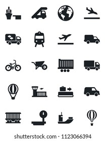 Set of vector isolated black icon - departure vector, arrival, baggage conveyor, train, ladder car, airport building, wheelbarrow, bike, earth, railroad, sea shipping, truck trailer, delivery, port