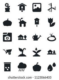 Set of vector isolated black icon - watering can vector, wheelbarrow, sproute, rain, pumpkin, seeds, pond, bird house, tulip, gallery, photo, with tree, windmill, flower in pot, eco, irrigation