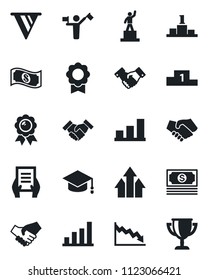 Set of vector isolated black icon - dispatcher vector, handshake, pedestal, medal, graduate, document, cash, sertificate, bar graph, arrow up, pennon, crisis, award cup