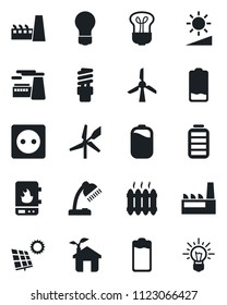 Set of vector isolated black icon - bulb vector, factory, battery, low, brightness, desk lamp, sun panel, heater, eco house, socket, water, energy saving, windmill, idea