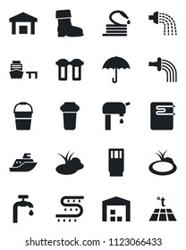 Set of vector isolated black icon - bucket vector, watering, boot, hose, pond, drip irrigation, sea shipping, port, umbrella, warehouse, water supply, drink, heater, filter, warm floor