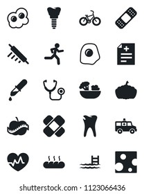 Set of vector isolated black icon - pumpkin vector, heart pulse, diagnosis, stethoscope, dropper, patch, ambulance car, bike, run, caries, implant, diet, pool, salad, bread, rolling pin, omelette