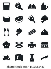 Set of vector isolated black icon - hot cup vector, spoon and fork, cook, dish, restaurant table, hat, wine card, drink, plates, bacon, waiter, salt pepper, cafe building, chicken, steak, ham, knife