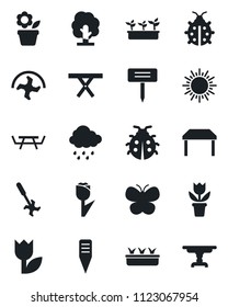 Set of vector isolated black icon - sun vector, flower in pot, ripper, tree, butterfly, lady bug, seedling, rain, plant label, picnic table, tulip