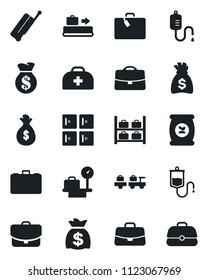 Set of vector isolated black icon - suitcase vector, baggage conveyor, larry, luggage storage, scales, checkroom, case, money bag, fertilizer, doctor, dropper