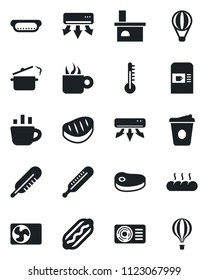 Set of vector isolated black icon - coffee machine vector, fireplace, thermometer, air conditioner, bread, steak, hot dog, steaming pan, balloon