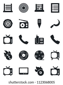 Set of vector isolated black icon - tv vector, abacus, stamp, sickle, plant label, reel, vinyl, flame disk, radio, phone, call