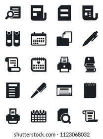 Set of vector isolated black icon - book vector, document search, pen, notepad, calendar, printer, contract, medical, folder, news, schedule