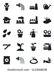 Set of vector isolated black icon - factory vector, flower in pot, seedling, watering can, sproute, pruner, seeds, pond, garden sprayer, fertilizer, eco house, palm