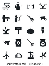 Set of vector isolated black icon - fence vector, rake, wheelbarrow, well, plant label, pumpkin, greenhouse, garden sprayer, fertilizer, drip irrigation, windmill