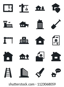 Set of vector isolated black icon - barrier vector, airport building, office, shovel, ladder, saw, house, hospital, with garage, tree, plan, estate document, sweet home, city, crane, message