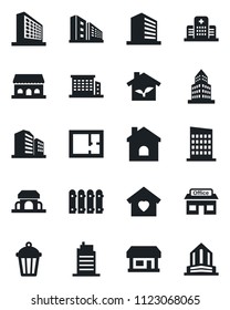 Set of vector isolated black icon - office building vector, house, garden light, hospital, store, fence, plan, sweet home, city, cafe, eco