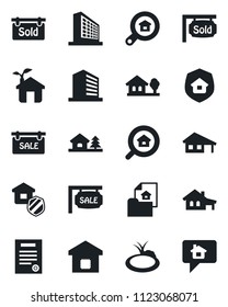 Set of vector isolated black icon - office building vector, pond, contract, house with garage, tree, estate document, sale, sold signboard, search, smart home, insurance, eco, message