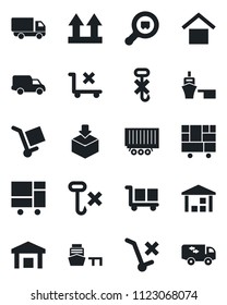 Set of vector isolated black icon - truck trailer vector, car delivery, sea port, consolidated cargo, warehouse storage, up side sign, no trolley, hook, package, search, moving