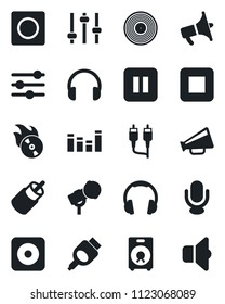 Set of vector isolated black icon - vinyl vector, flame disk, microphone, loudspeaker, equalizer, headphones, speaker, pause button, stop, rec, rca, hdmi, tuning, record, sound