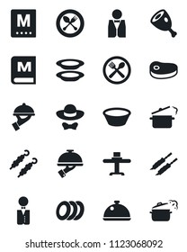 Set of vector isolated black icon - spoon and fork vector, waiter, dish, restaurant table, cafe, menu, plates, dress code, steak, kebab, ham, bowl, steaming pan