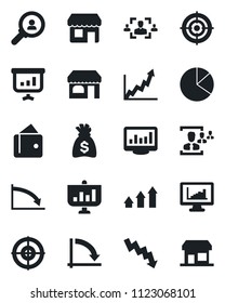 Set of vector isolated black icon - shop vector, money bag, crisis graph, monitor statistics, pie, hr, target, consumer search, arrow up, wallet, growth, presentation, storefront