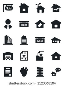 Set of vector isolated black icon - office building vector, house, real heart, contract, with garage, estate document, rent, sold signboard, agent, smart home, city, eco, message