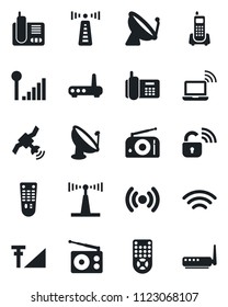 Set of vector isolated black icon - antenna vector, satellite, wireless notebook, office phone, radio, remote control, cellular signal, lock, router