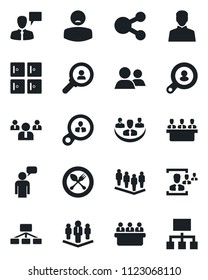 Set of vector isolated black icon - spoon and fork vector, checkroom, speaking man, team, meeting, patient, group, user, company, hr, client search, consumer, social media, hierarchy